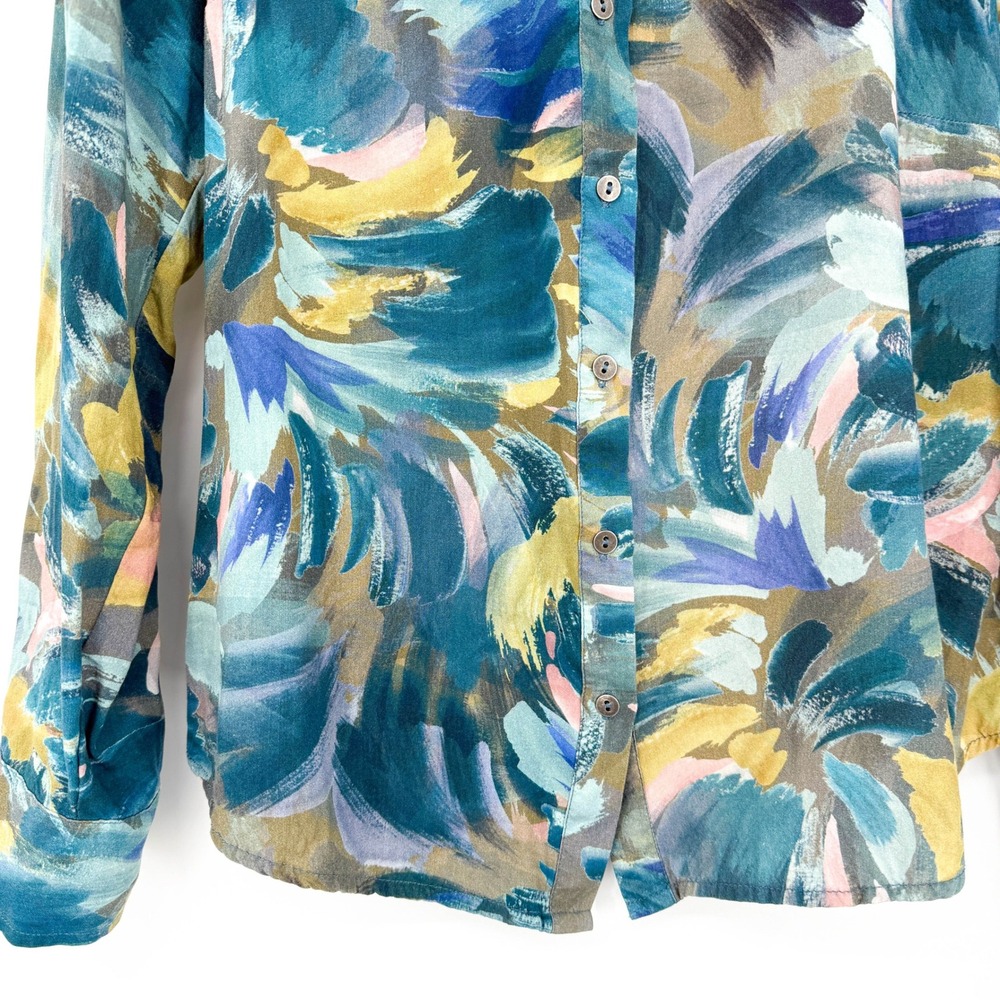 FDJ French Dressing Jeans Abstract Brushstroke Button Down Blouse Teal Small - Picture 3 of 8